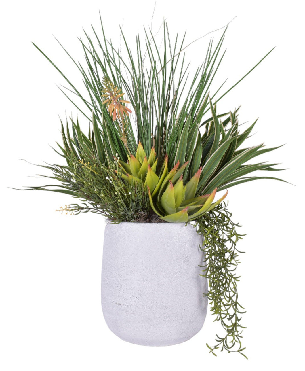 Benjamin Pot with UV Protected Grass and Succulent Arrangement   AR1777UV