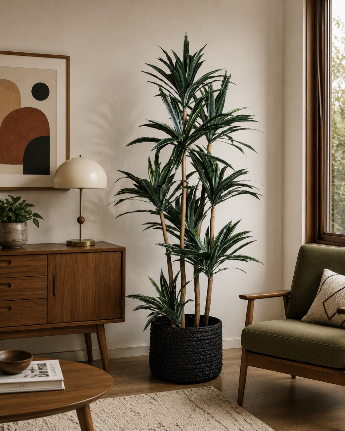 8' Dracaena Plant in Black Basket with Spanish Moss