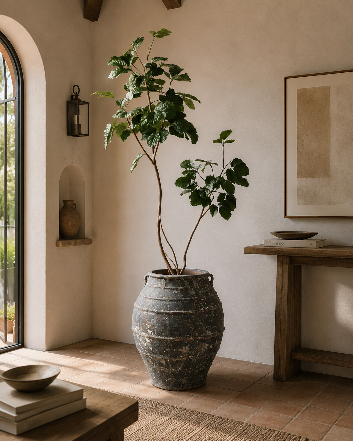 9' Royal Longifolia Tree in Antique Black Dune Planter