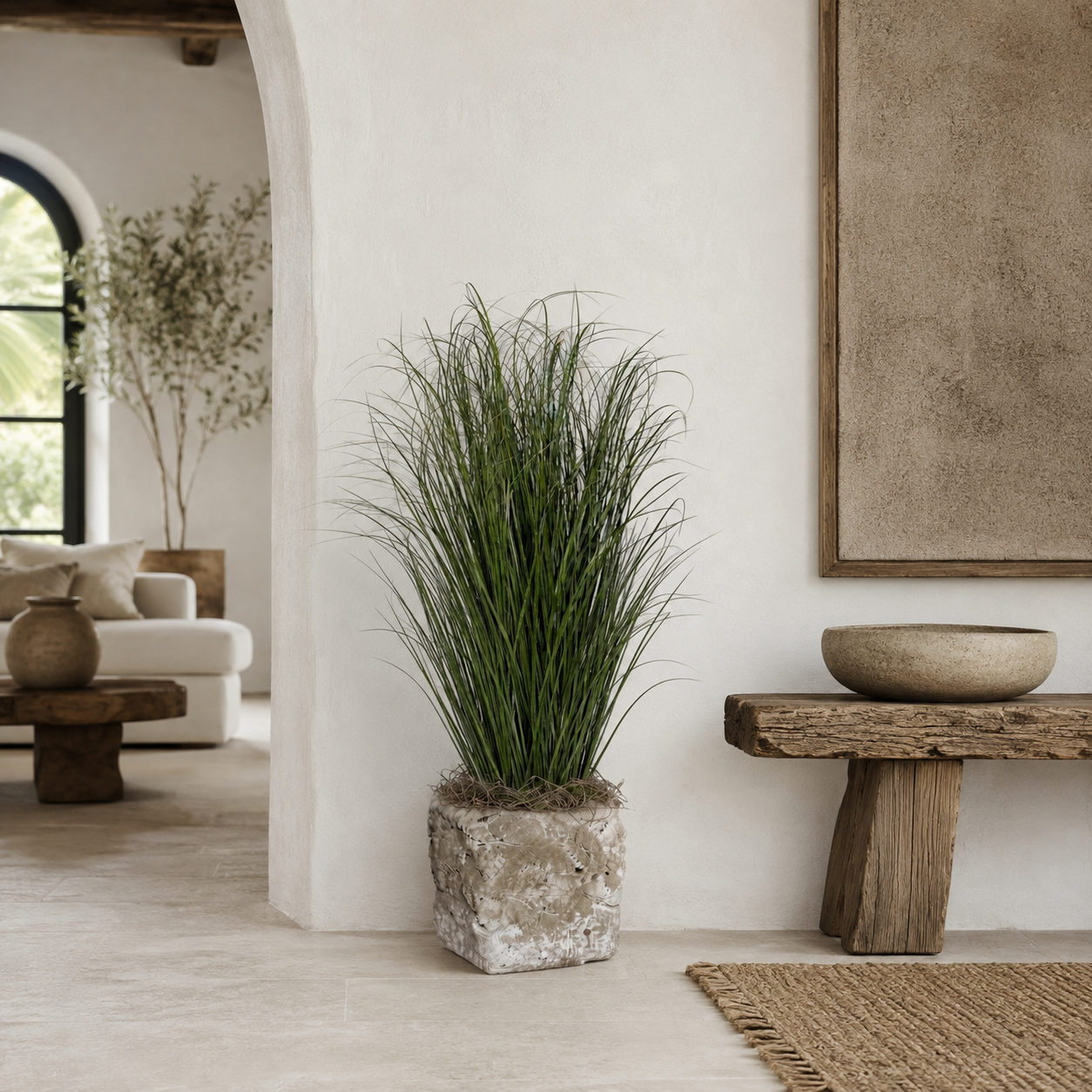 42.5" Potted Grass in Small Crux Planter with Natural Reindeer Moss PC1516CN1391SM