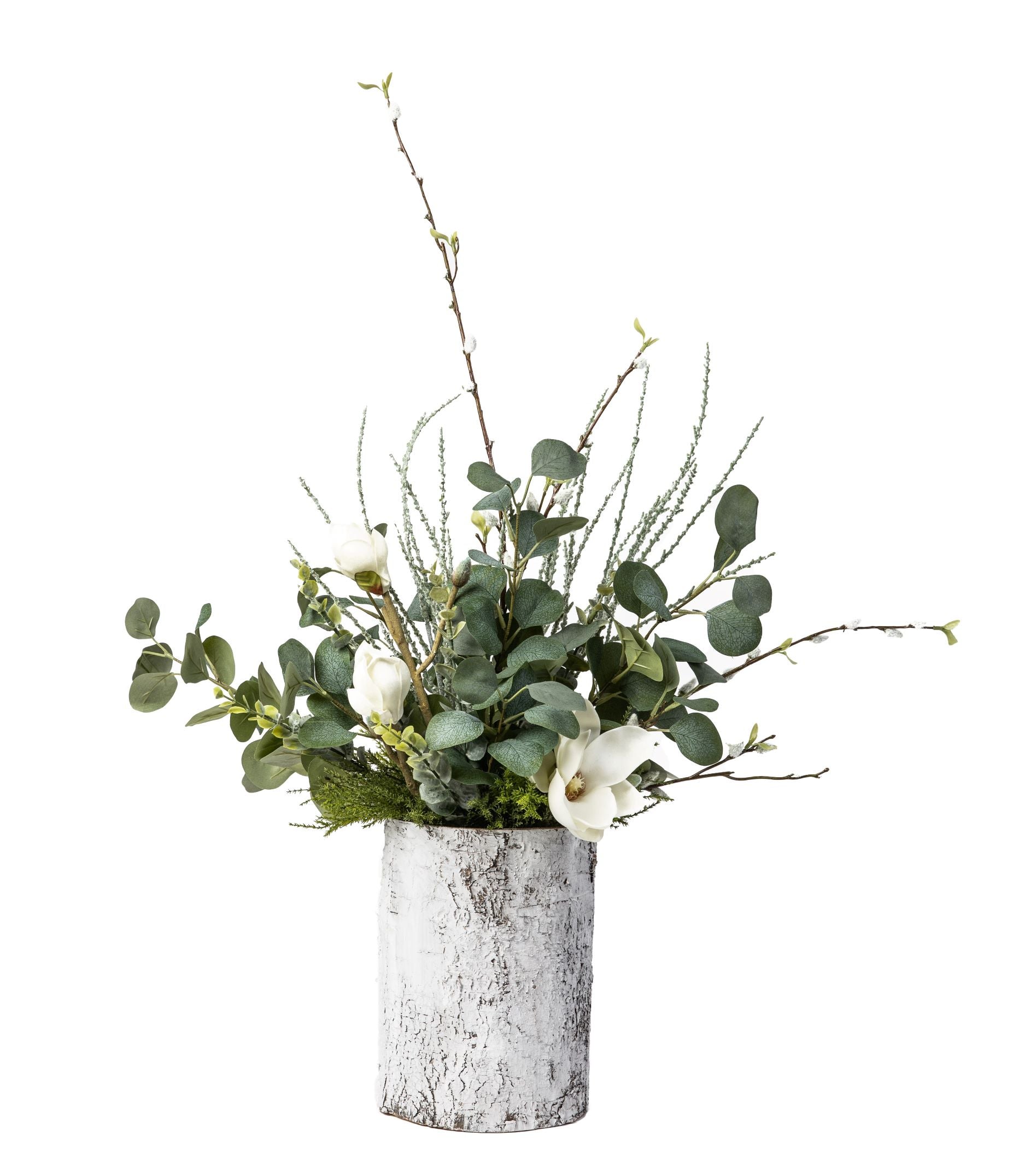 10" White Birch Planter with Magnolia and Eucalyptus Arrangement AR1326