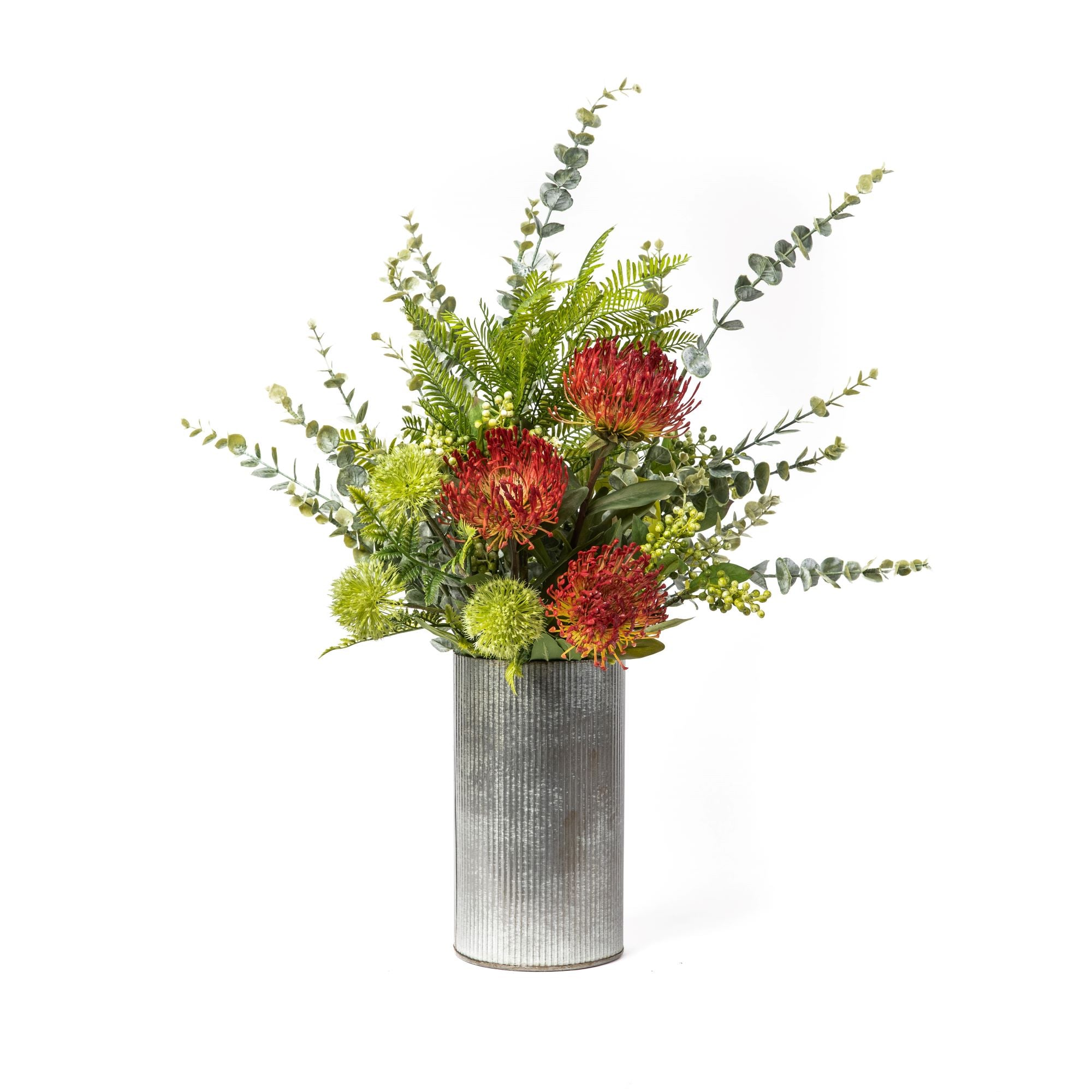 7" Norah Metal Cylinder with Red Protea and Eucalyptus Arrangement AR1329
