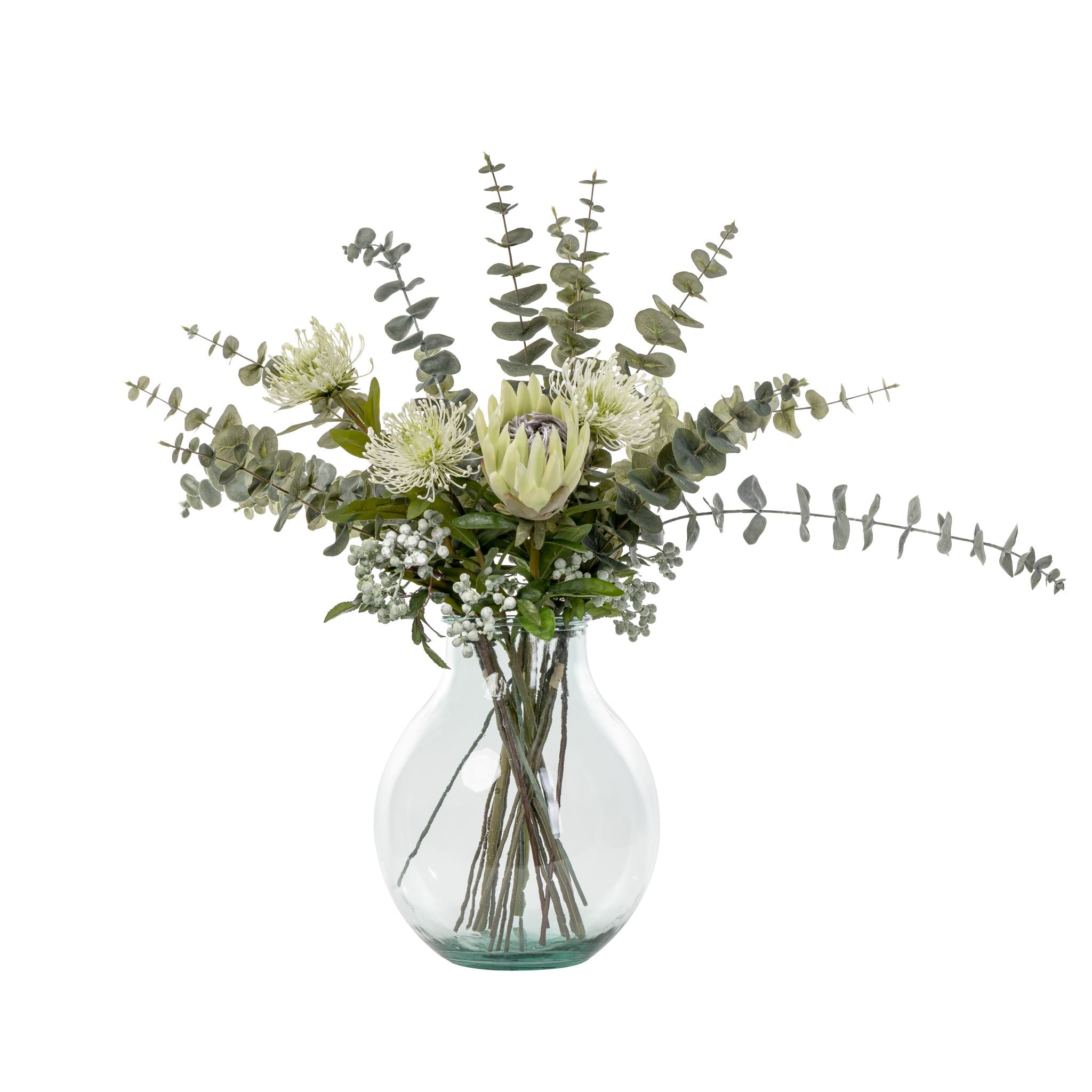 Protea and Mum Arrangement in Recycled San Miguel Vase AR1560