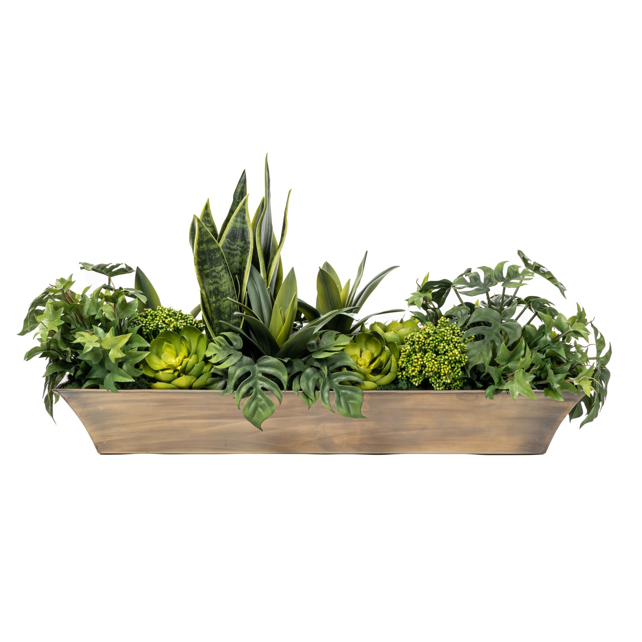 32" Luxe Brass Planter with Snake Plant and Succulent Arrangement AR1570