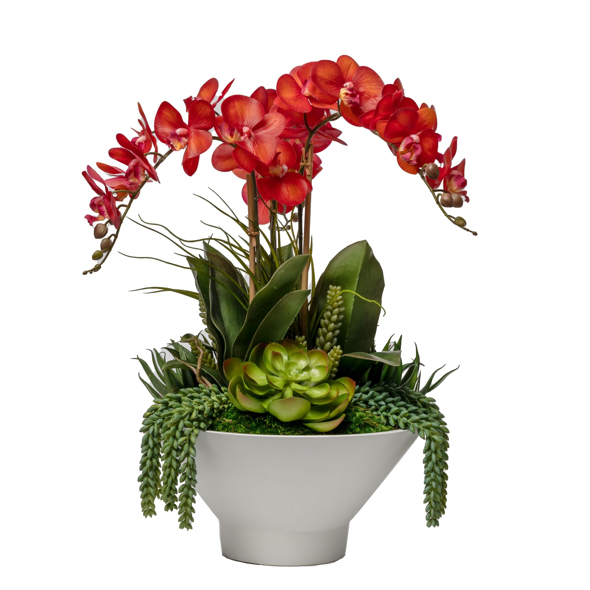Large White Ubud Bowl with Red Orchid Arrangement AR1655
