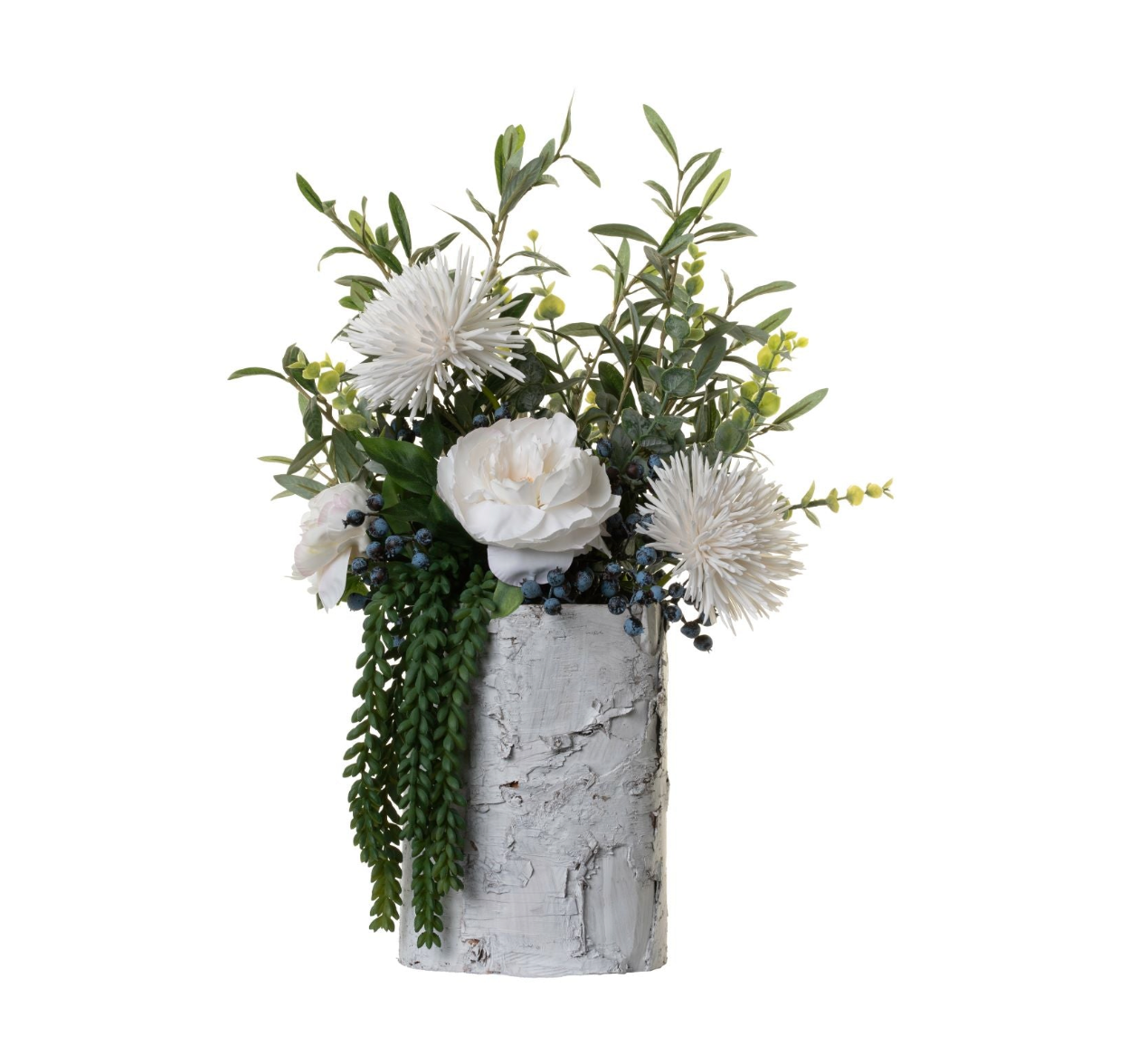 10" White Birch Vase with Peony and Curled Mums Spray Floral Arrangement AR1370