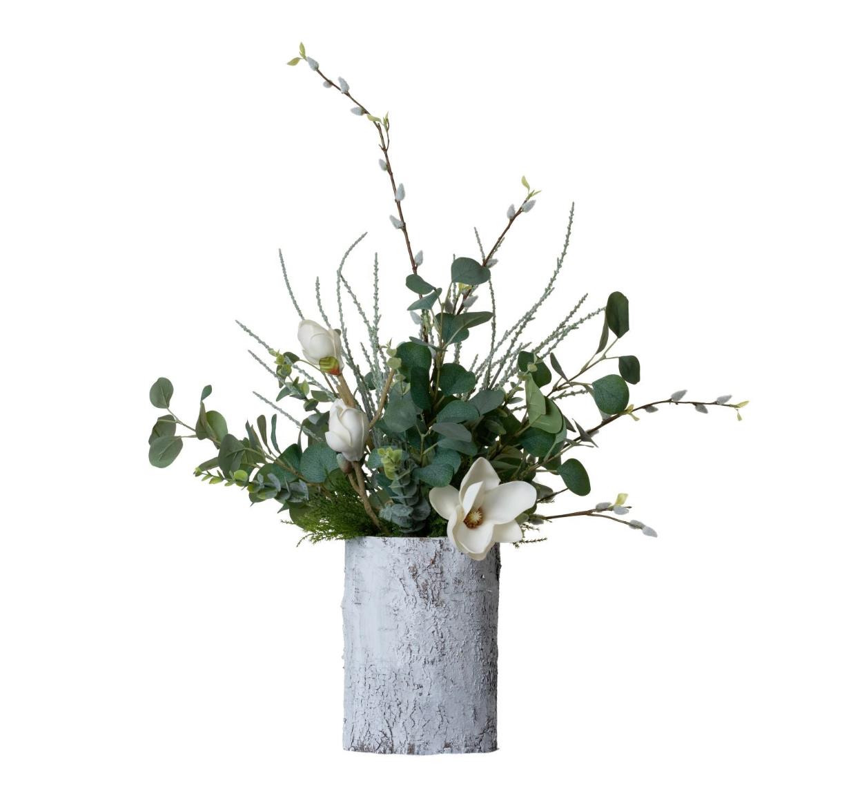 10" White Birch Vase with Magnolia and Eucalyptus Arrangement AR1367
