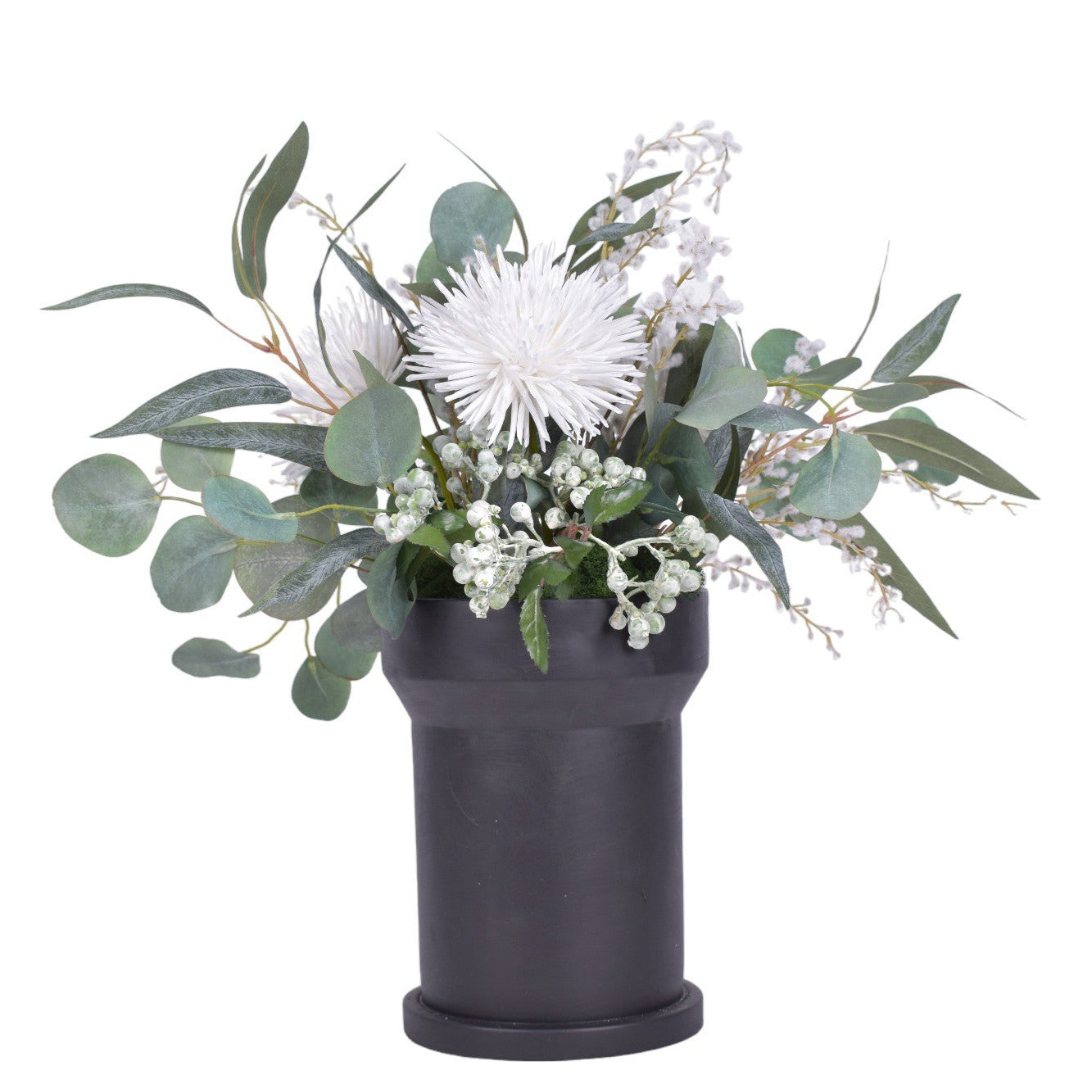 10" Black Rook with Mums and Greenery Arrangement   AR1151