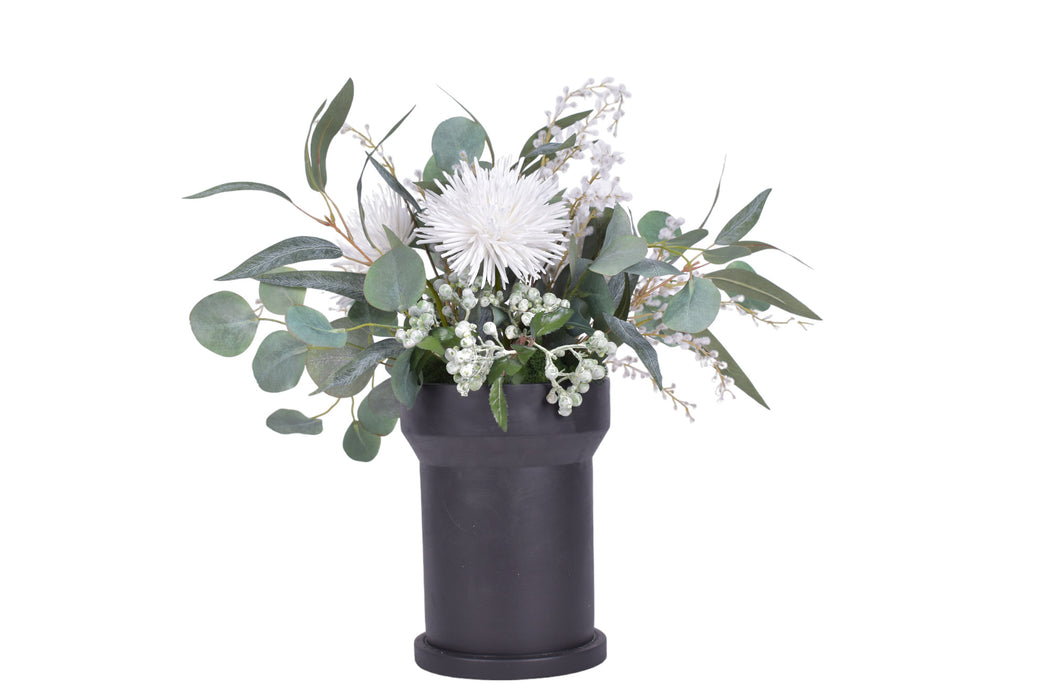 10" Black Rook with Mums and Greenery Arrangement   AR1151