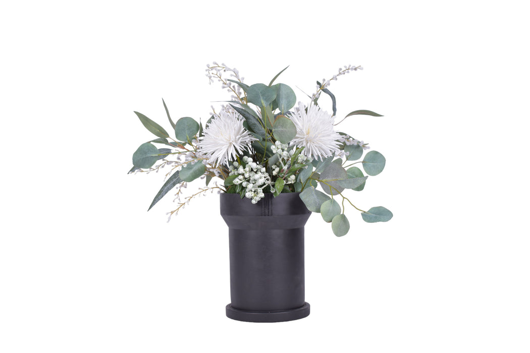 10" Black Rook with Mums and Greenery Arrangement   AR1151