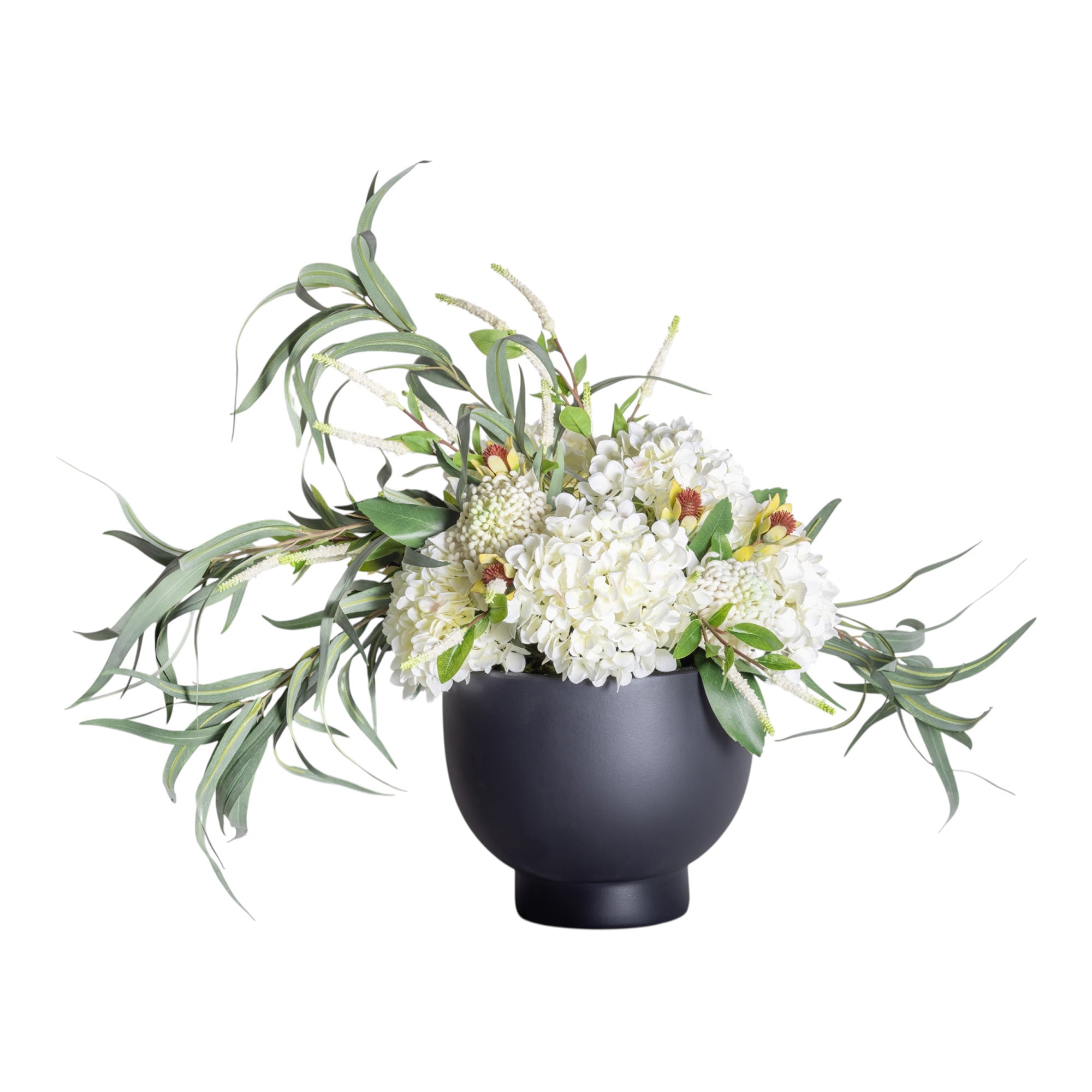 12" Black Mack Compote with Hydrangea & Eucalyptus Arrangement AR1248
