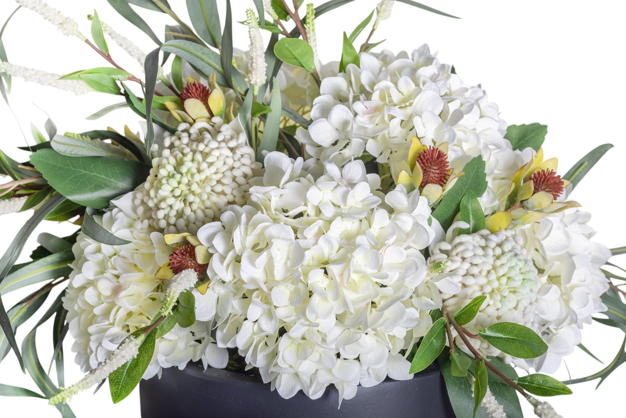 12" Black Mack Compote with Hydrangea & Eucalyptus Arrangement AR1248