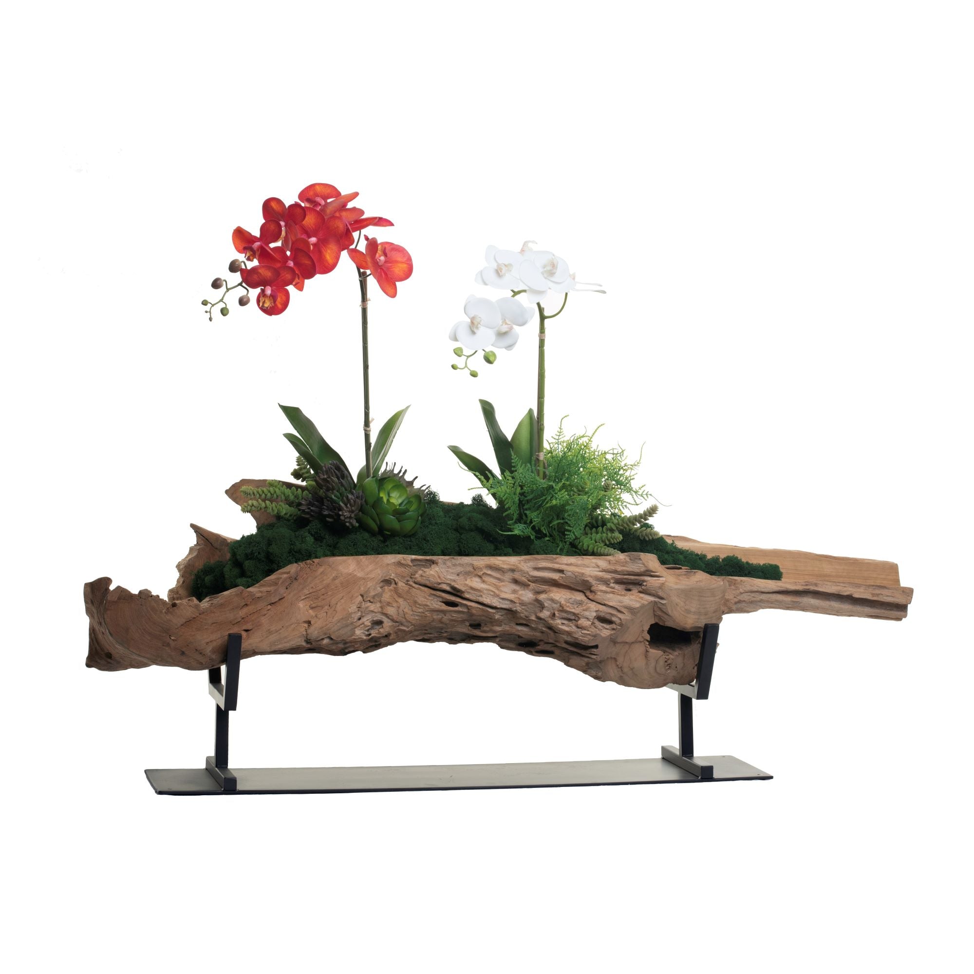 53" Tanduk Teak Wood Planter on Metal Stand with Orchid Arrangement   AR1297