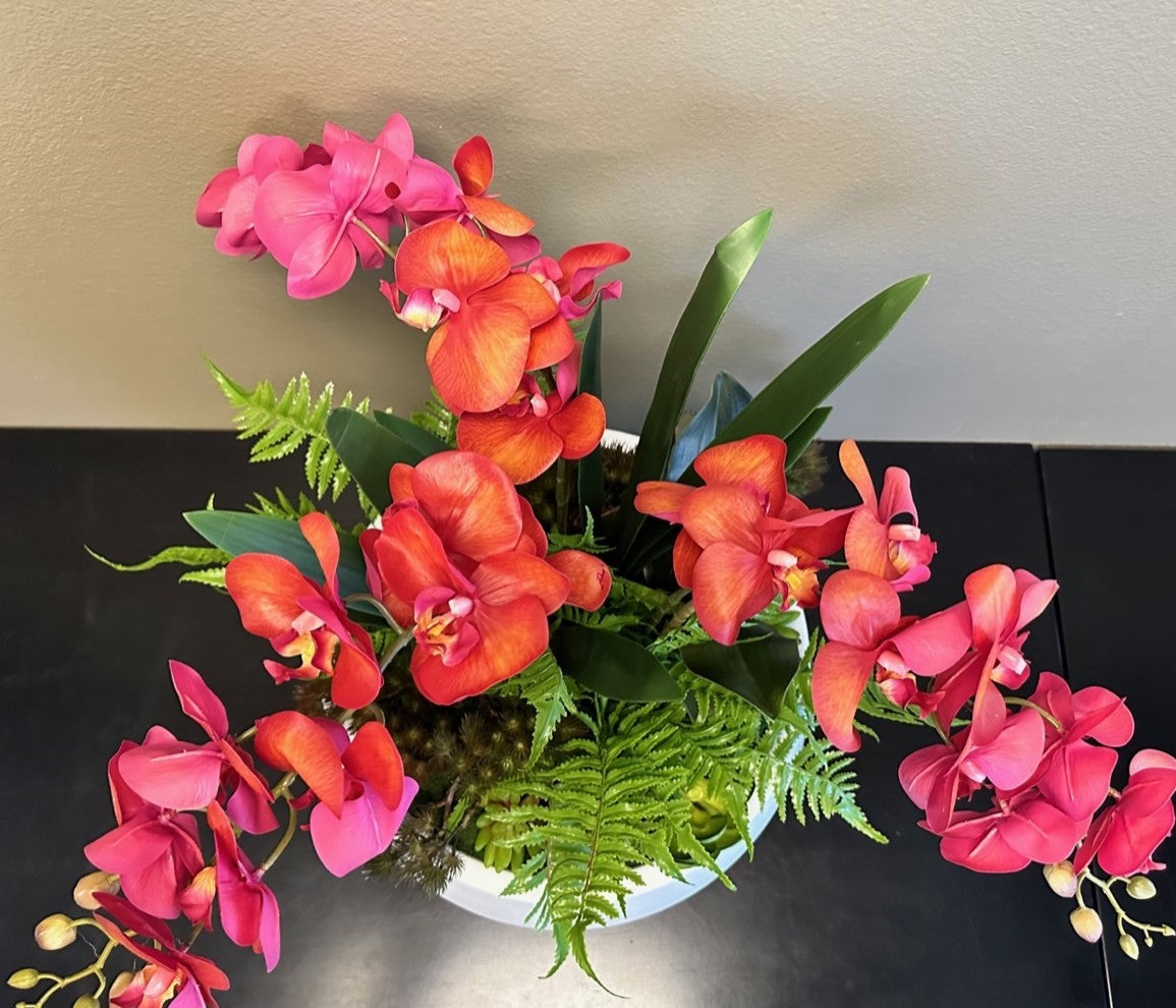 17" Edison Bowl with Red Orchid Arrangement   AR1432