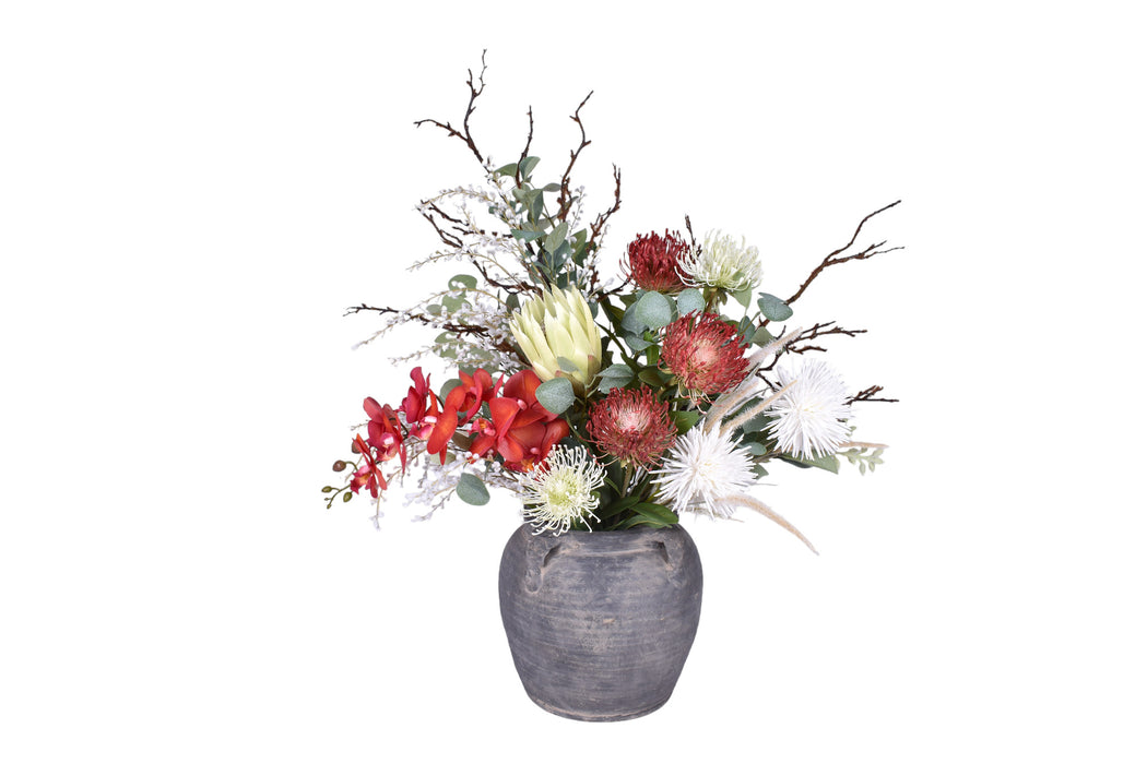 Vintage Clay Pot with Red and White Florals Arrangement  AR1738