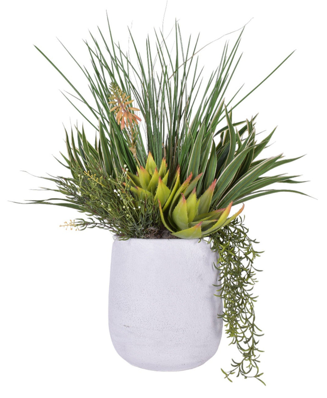 Benjamin Pot with UV Protected Grass and Succulent Arrangement   AR1777UV