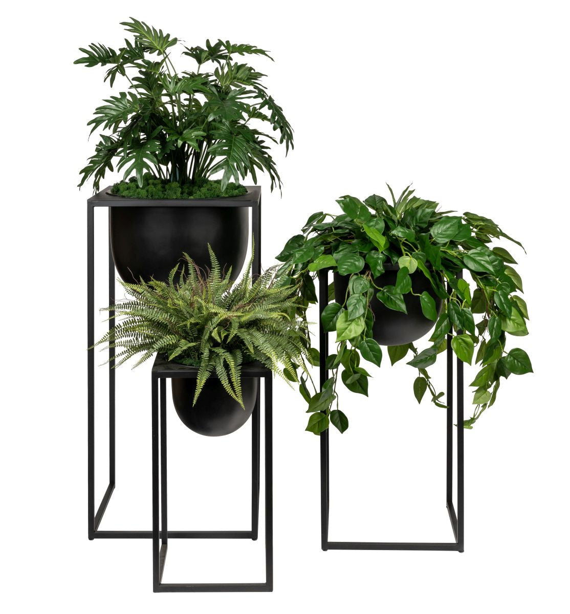 Trio of Black Well Planters with Greenery   AR1863