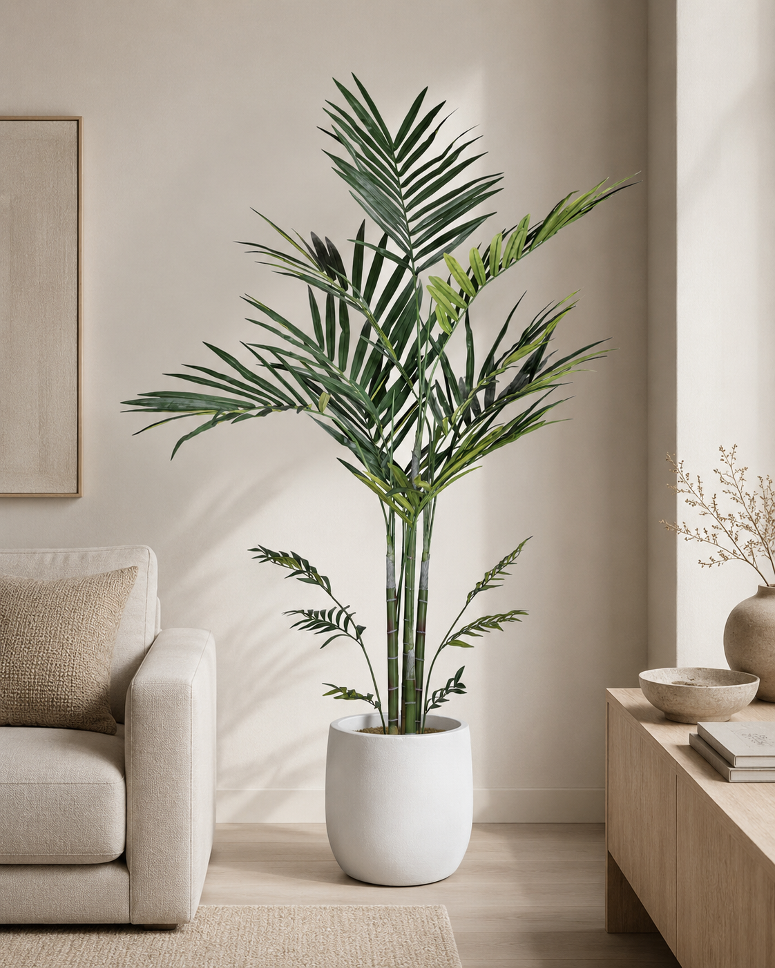 7.5' UV Kentia Palm in Glacier Planter with Spanish Moss