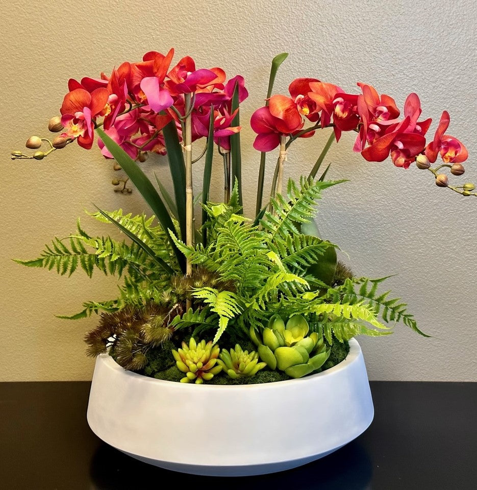 17" Edison Bowl with Red Orchid Arrangement   AR1432