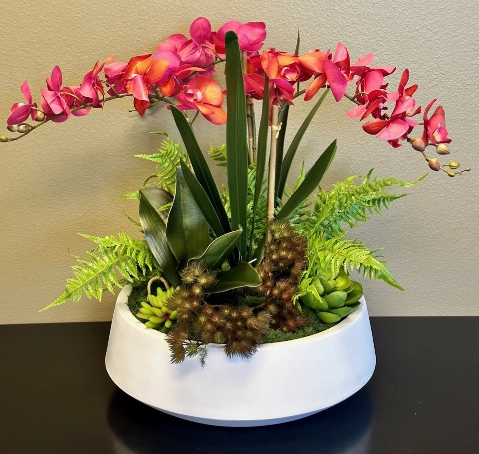 17" Edison Bowl with Red Orchid Arrangement   AR1432