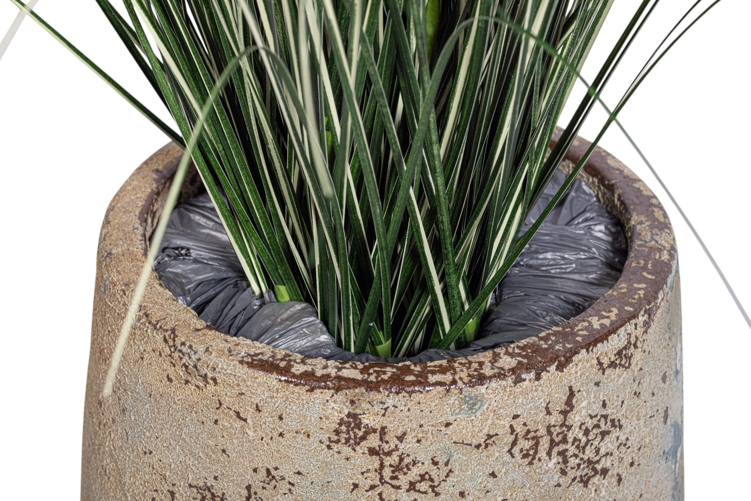 4' Variegated Grass in Small Oliver Planter with .5-1" Gold Rock   PC1517CN1379SM