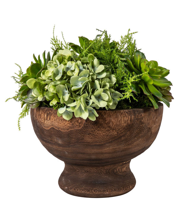 12" Dorian Wood Compote Bowl with Succulents and Greenery AR1148