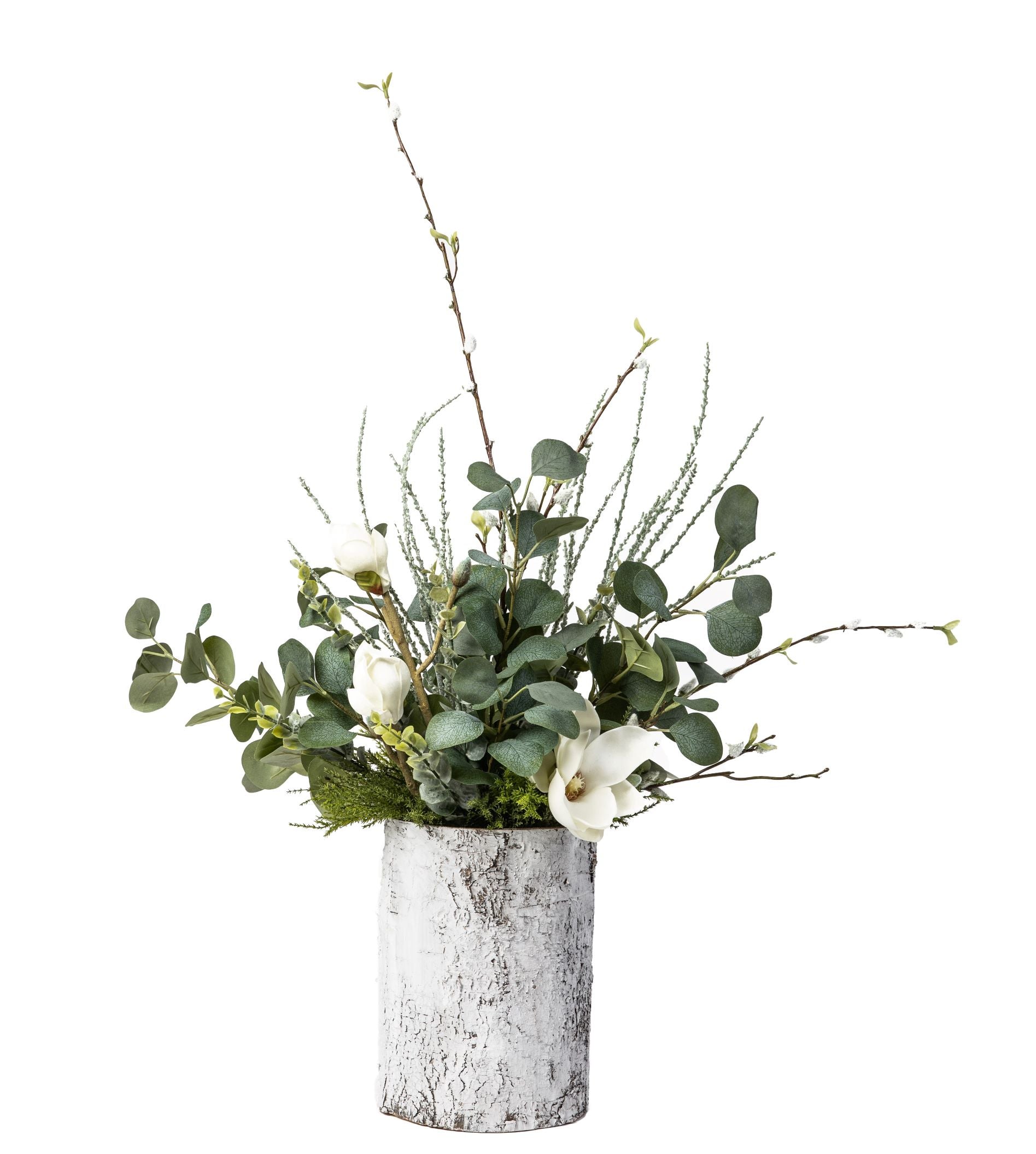 10" White Birch Planter with Magnolia and Eucalyptus Arrangement   AR1326