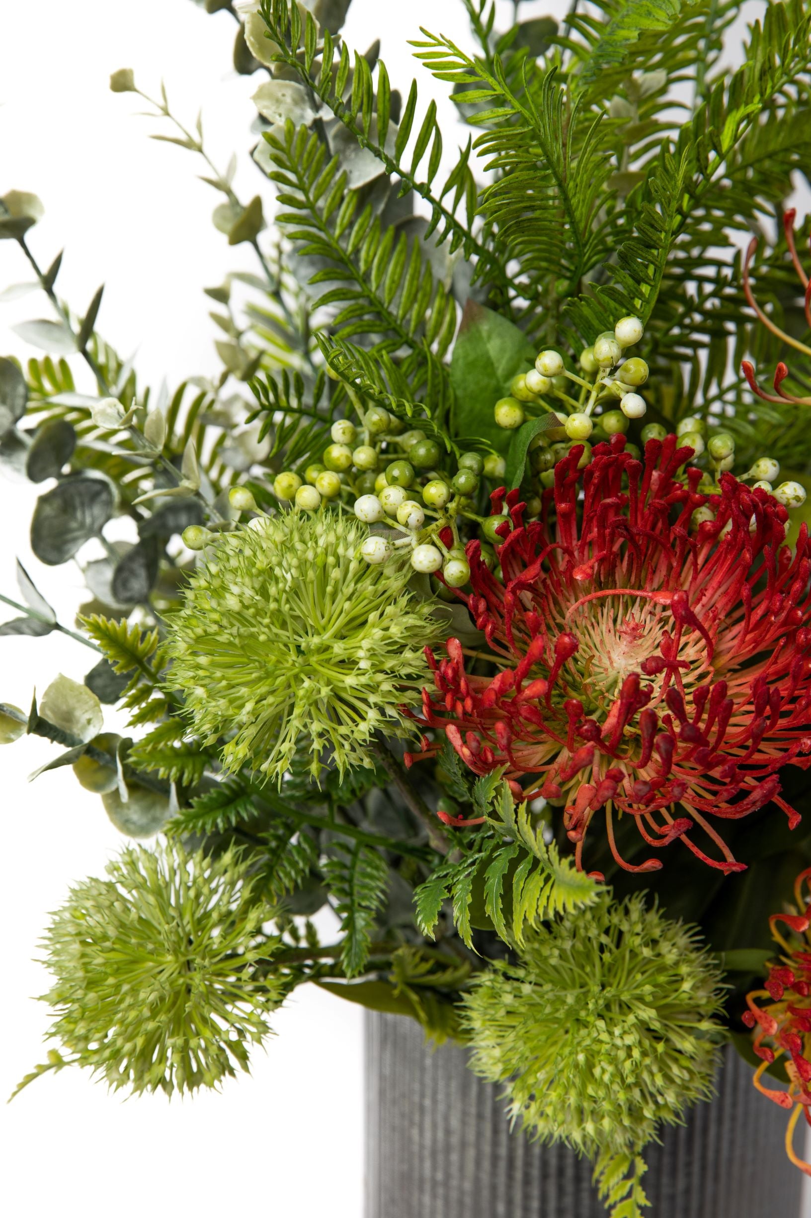 7" Norah Metal Cylinder with Red Protea and Eucalyptus Arrangement   AR1329