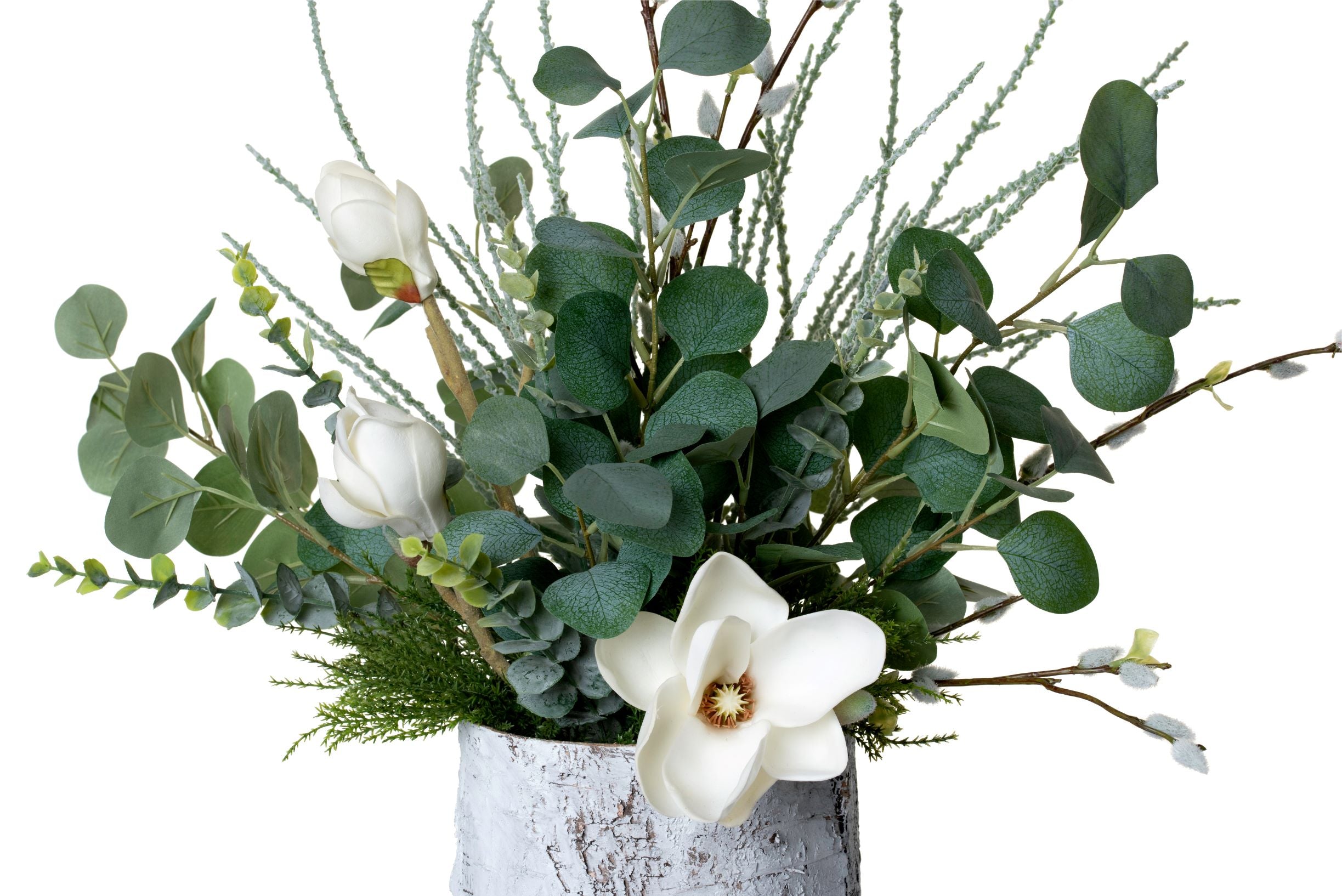 10" White Birch Vase with Magnolia and Eucalyptus Arrangement   AR1367