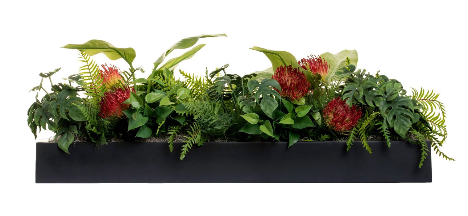 40" Black Manhattan Tray with Red Protea and Philodendron Arrangment   AR1383