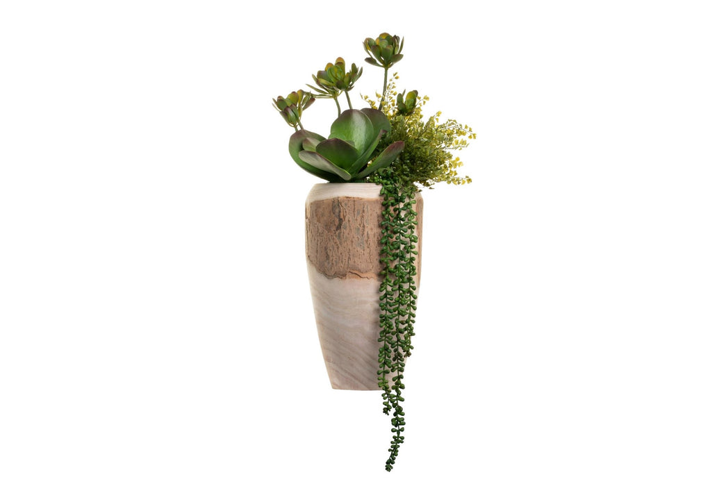14" Sedona Wood Vase With Succulent Arrangement   AR1389