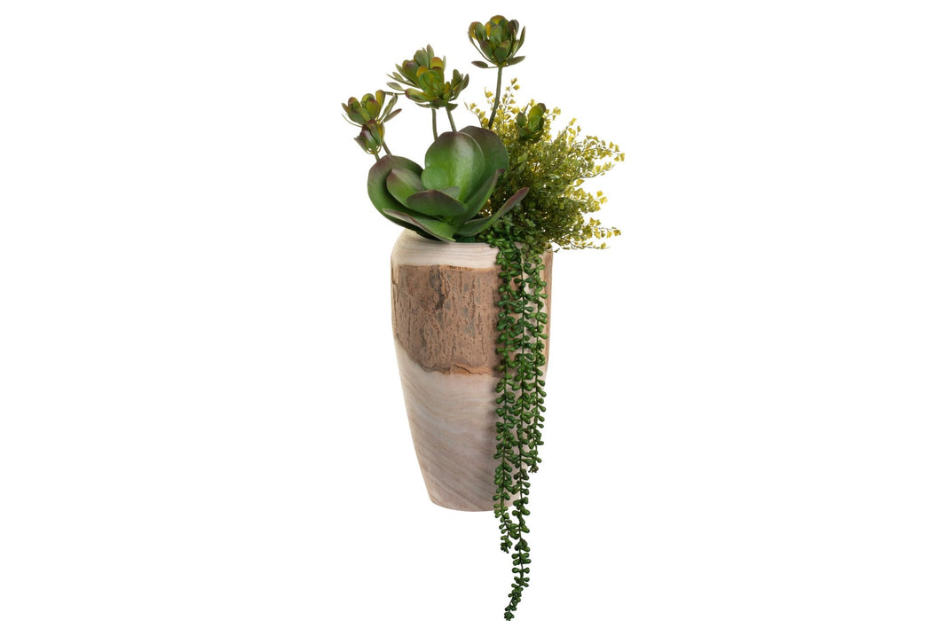 14" Sedona Wood Vase With Succulent Arrangement   AR1389