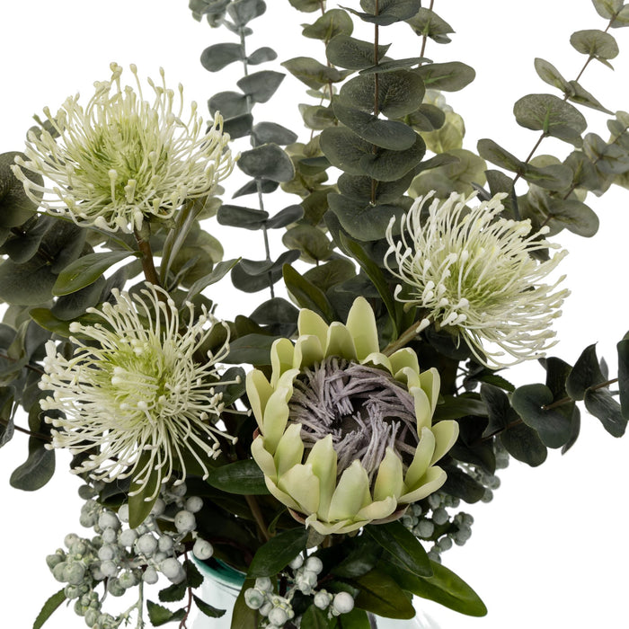 Protea and Mum Arrangement in Recycled San Miguel Vase    AR1560