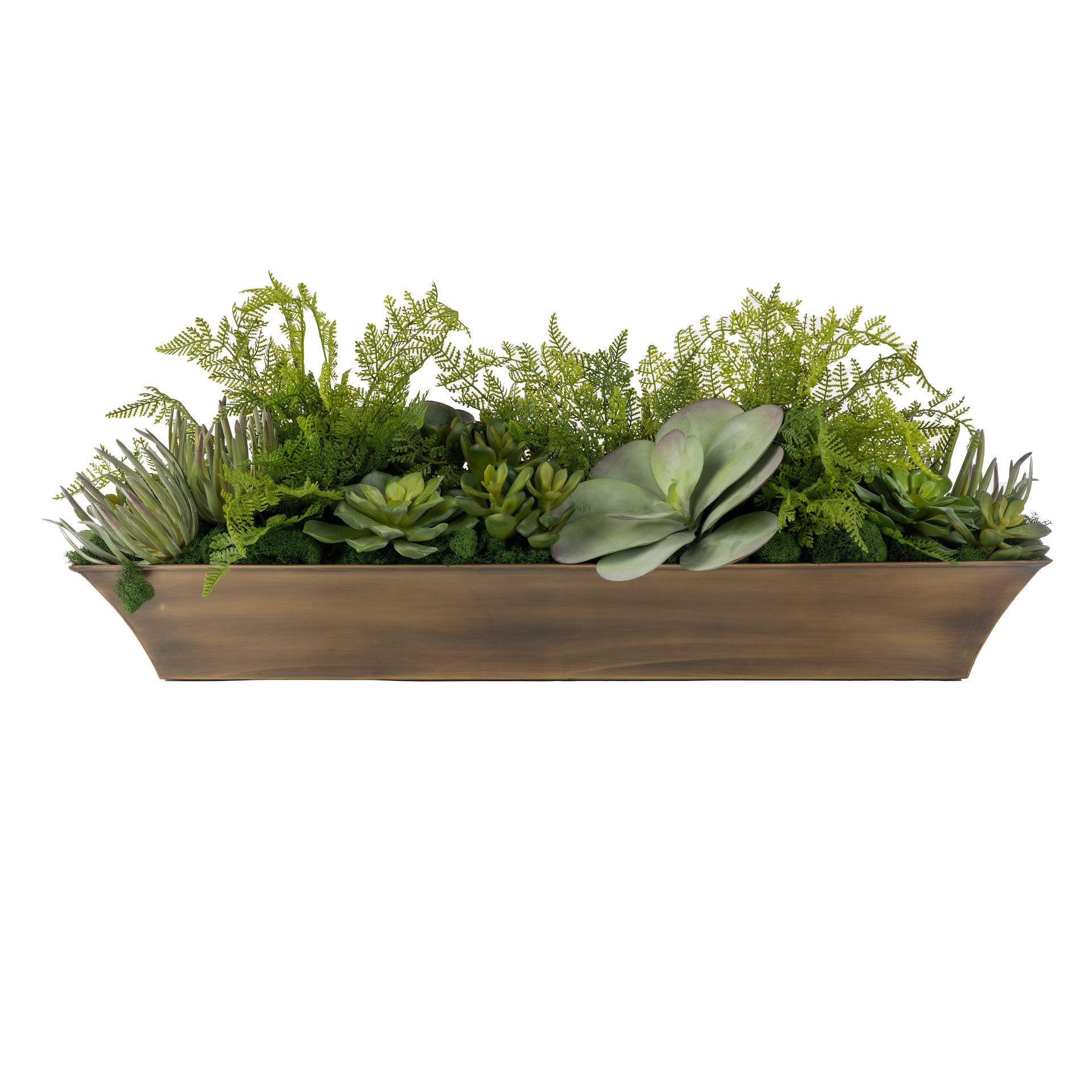 32" Luxe Long Brass Planter with Succulent Arrangement   AR1597