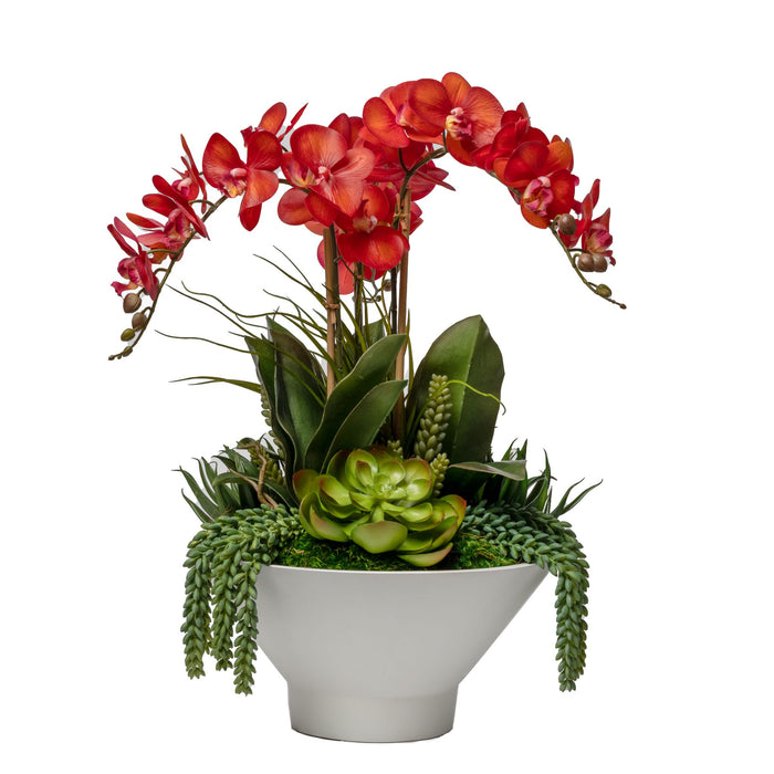 Large White Ubud Bowl with Red Orchid Arrangement   AR1655