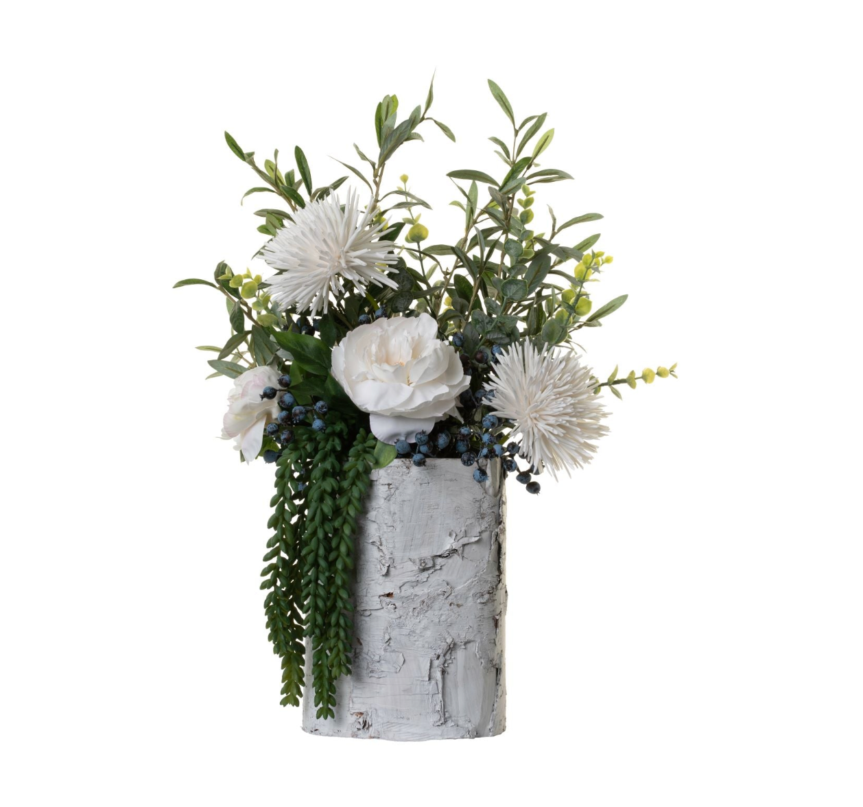 10" White Birch Vase with Peony and Curled Mums Spray Floral Arrangement   AR1370