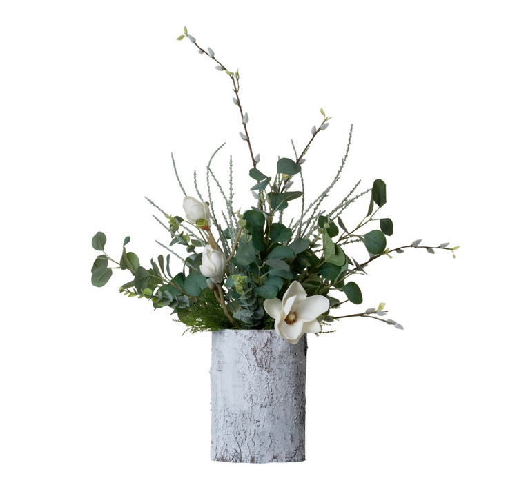 10" White Birch Vase with Magnolia and Eucalyptus Arrangement   AR1367